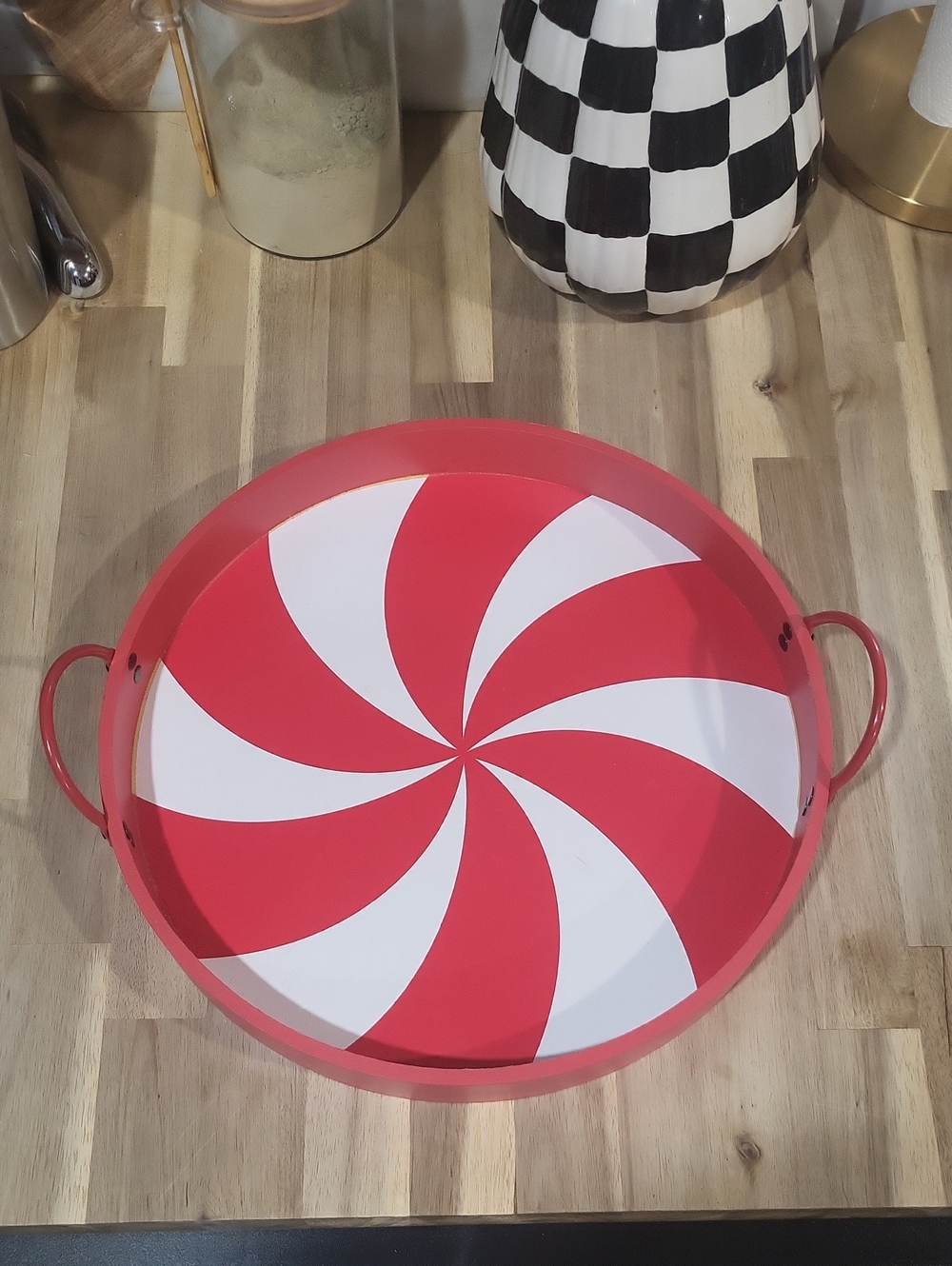 🍬 FUN! Peppermint Red & White Swirl Decorative Wood Serving Tray